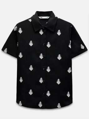 Zara linen blend Black Short-Sleeve Button-Down shirt with Geometric Embroidery